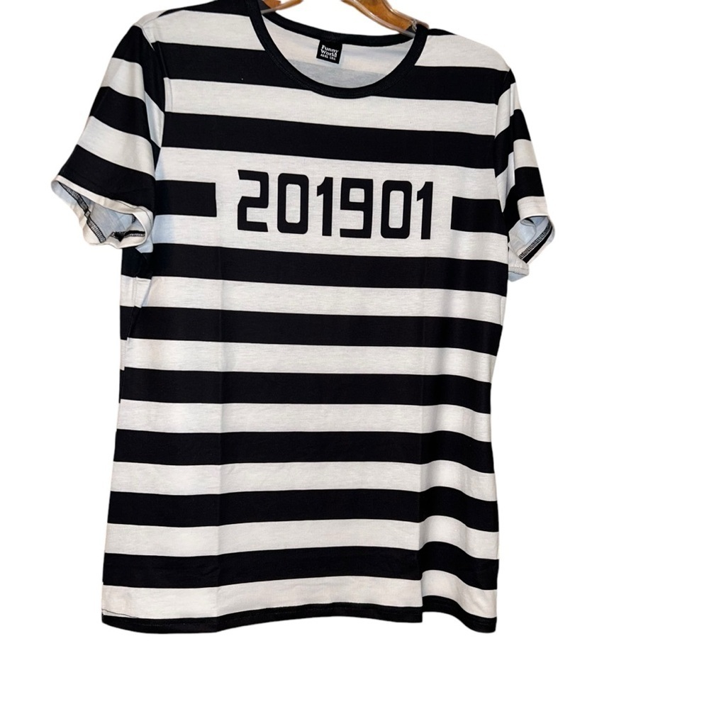 Woman Jailbird Prisoner Halloween Costume Striped T-Shirt size Large L